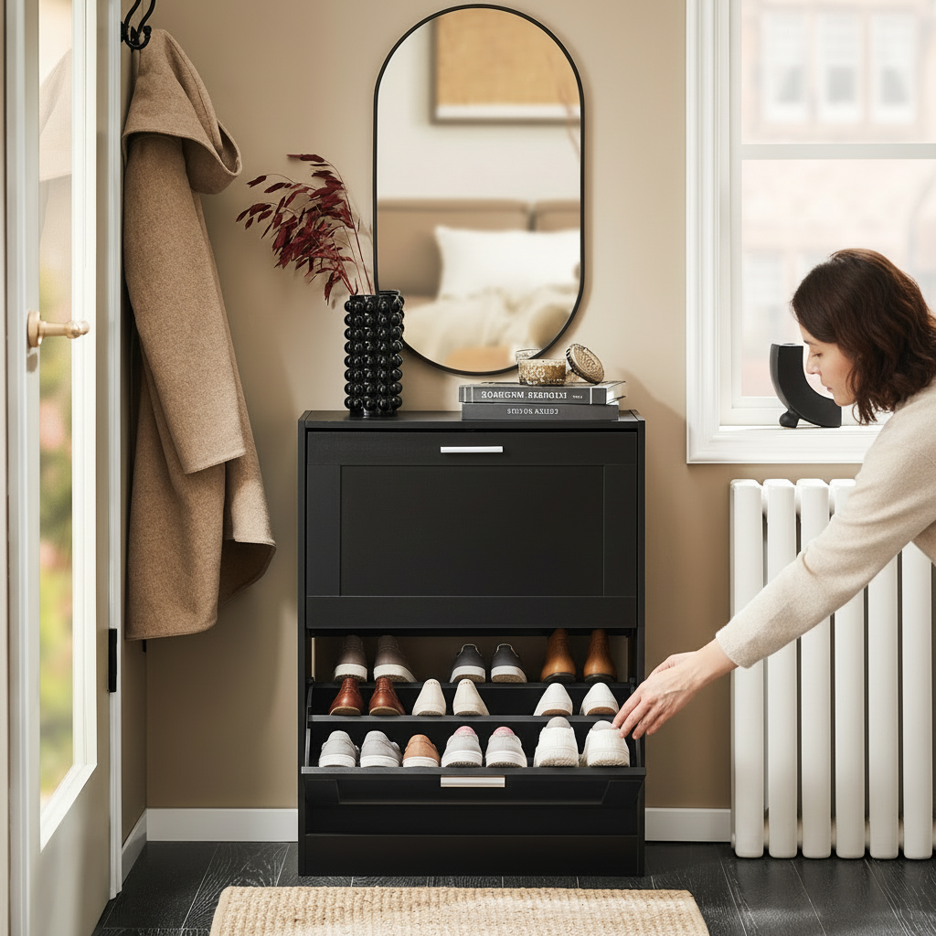 SoBuy FSR137-SCH Shoe tipper shoe shelf shoe cabinet with 2 flaps shoe rack narrow shoe chest of drawers black BHT approx. 60x80x25cm