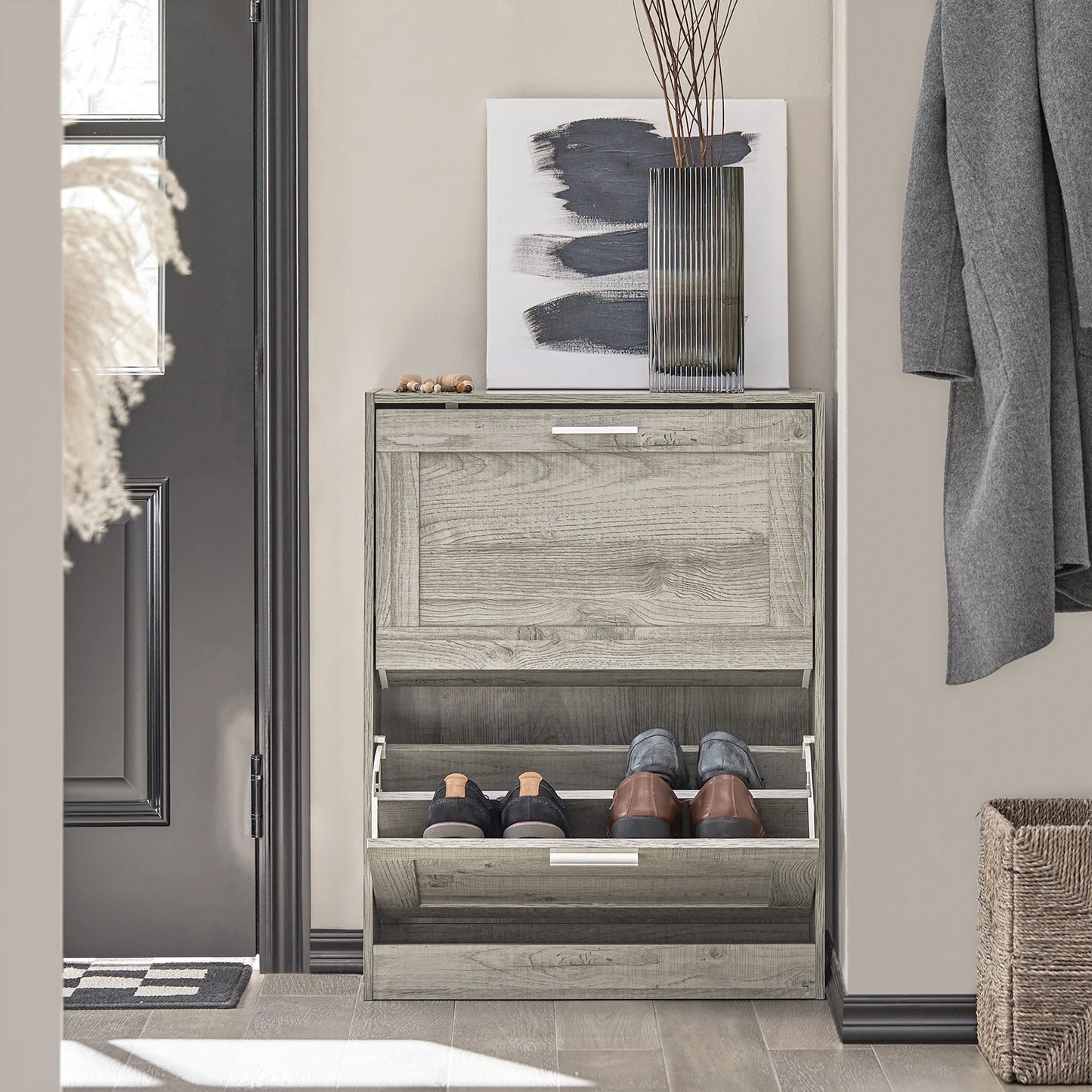 SoBuy FSR137-SCH Shoe tipper shoe shelf shoe cabinet with 2 flaps shoe rack narrow shoe chest of drawers black BHT approx. 60x80x25cm