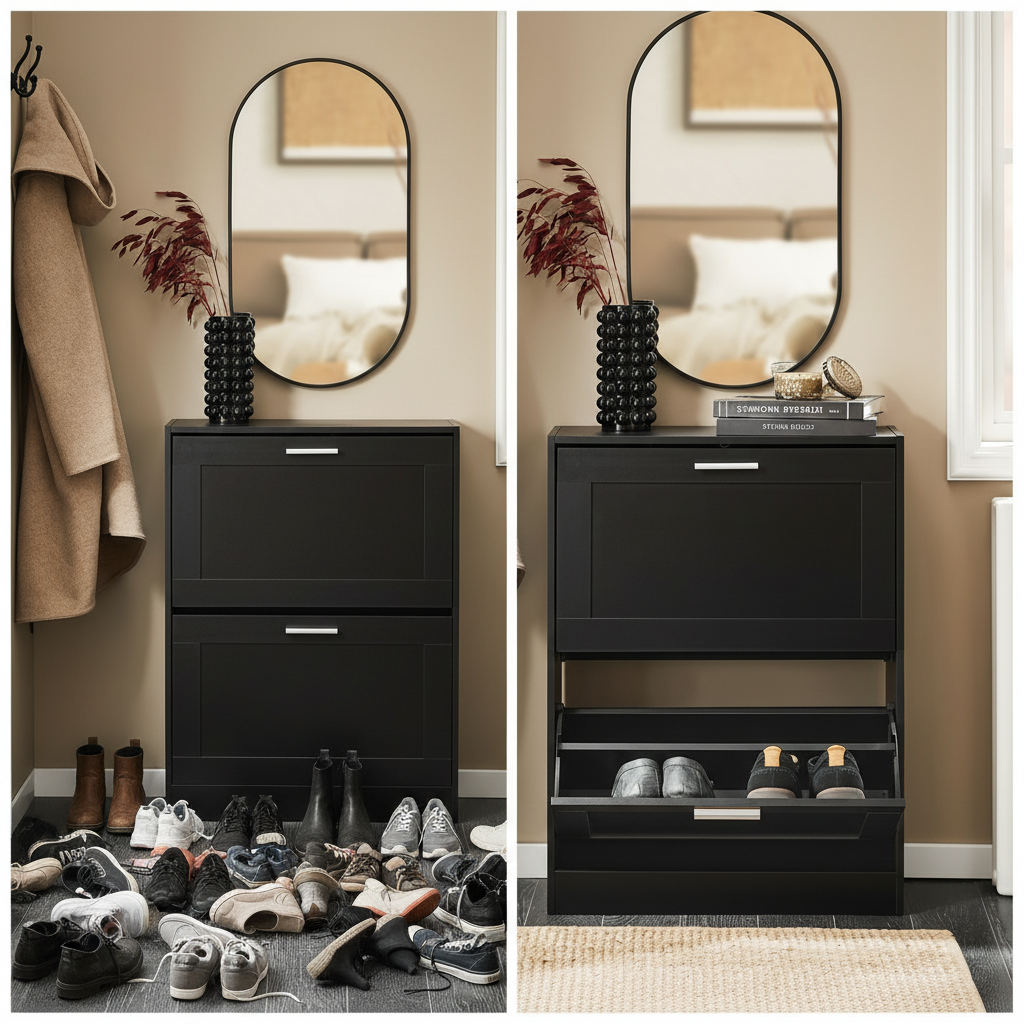 SoBuy FSR137-SCH Shoe tipper shoe shelf shoe cabinet with 2 flaps shoe rack narrow shoe chest of drawers black BHT approx. 60x80x25cm